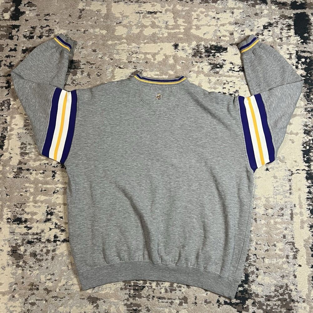 Vintage NFL Minnesota Vikings V Neck Sweatshirt Mens 2XL Gray Striped Sleeves - Picture 8 of 12